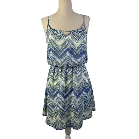 GUESS Chevron Print Spaghetti Strap Summer Mini Dress Blue White Yellow M/M‎ - Picture 1 of 5